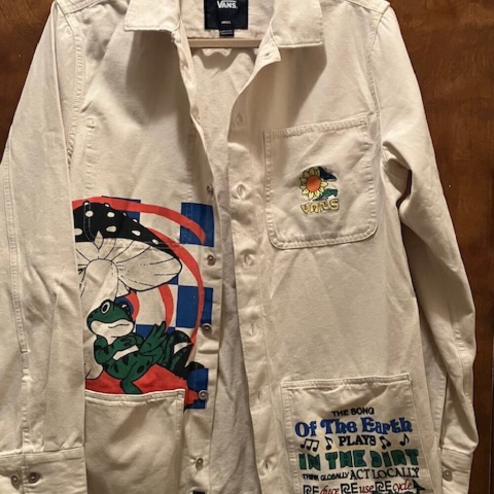 Vans Mens Small White Graphic Chore Jacket Frog Mushroom Earth Song Design